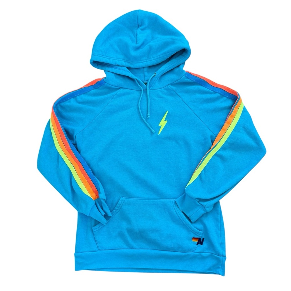 Aviator Nation Blue Hoodie with Rainbow Stripe Sleeves